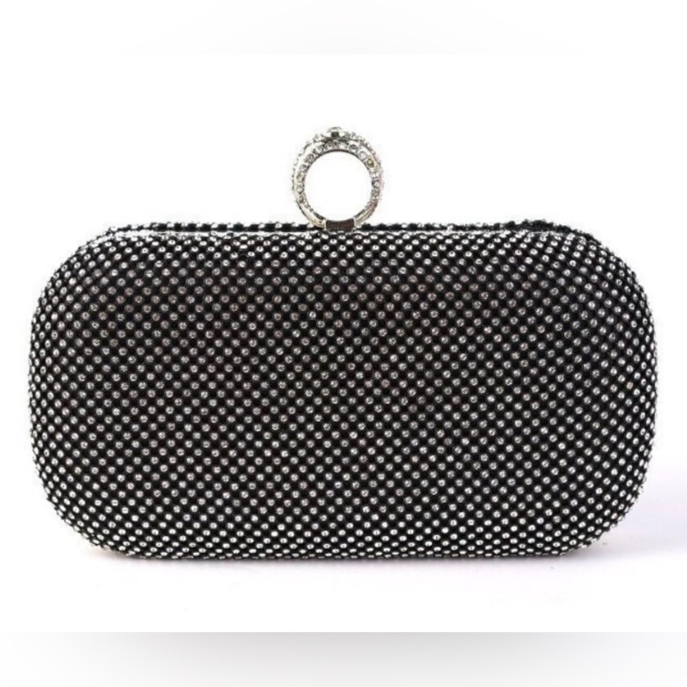 Rhinestone Evening Clutch Purse | Ring Top | Black Silver Sparkle | Formal Bag